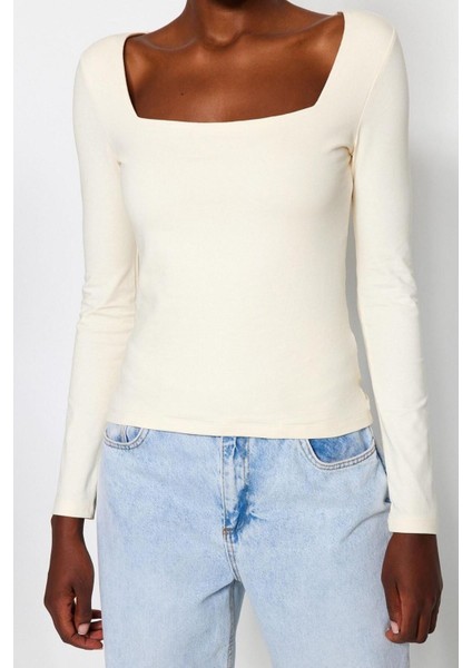 Moda Kare Yaka Örme Slim Düz Desen Casual Günlük Regular Uzun Kol Bluz
