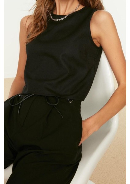 Moda Bisiklet Yaka Dokuma Regular Düz Desen Casual Günlük Crop Kolsuz Bluz