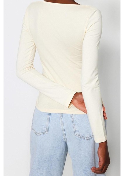 Moda Kare Yaka Örme Slim Düz Desen Casual Günlük Regular Uzun Kol Bluz indirimleri