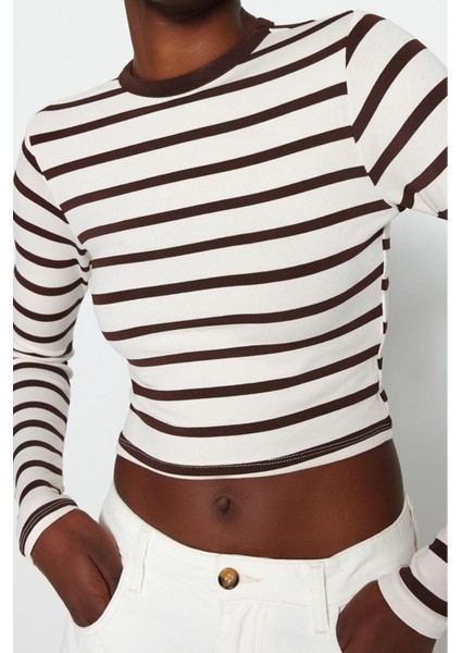 Moda Bisiklet Yaka Örme Slim Çizgili Desen Casual Günlük Crop Uzun Kol Bluz fiyatları
