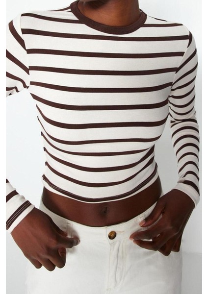 Moda Bisiklet Yaka Örme Slim Çizgili Desen Casual Günlük Crop Uzun Kol Bluz modelleri