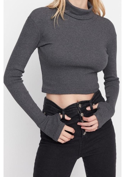 Moda Balıkçı Yaka Örme Slim Düz Desen Casual Günlük Crop Uzun Kol Bluz modelleri