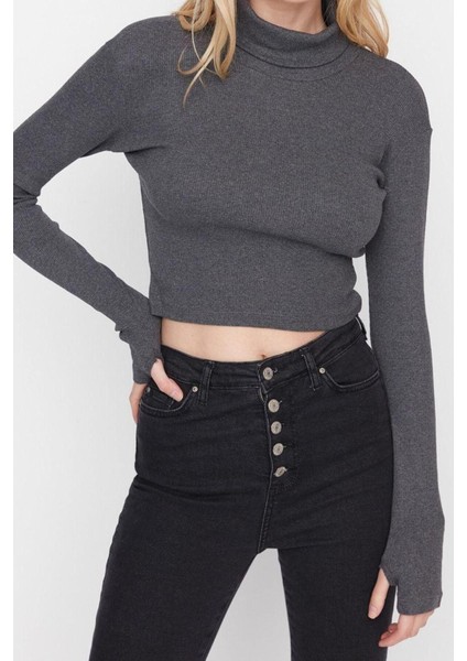 Moda Balıkçı Yaka Örme Slim Düz Desen Casual Günlük Crop Uzun Kol Bluz fırsatları