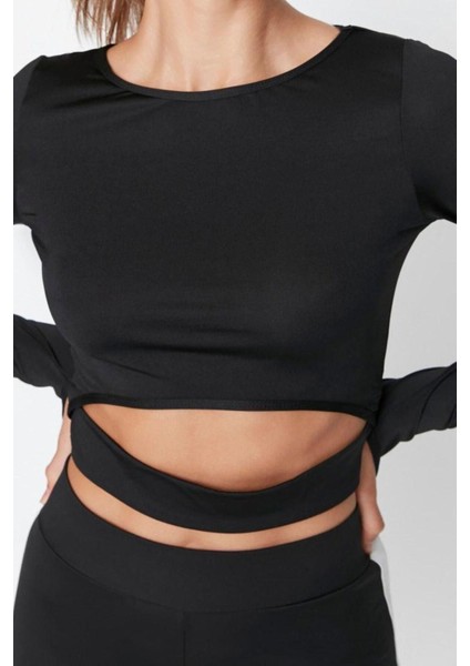 Moda Bisiklet Yaka Örme Fit Düz Desen Sportswear Crop Uzun Kol Bluz