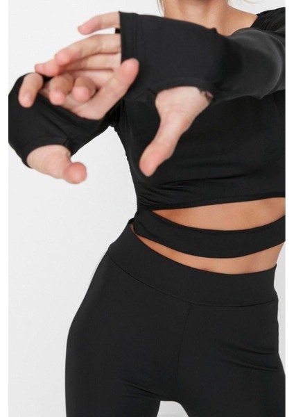 Moda Bisiklet Yaka Örme Fit Düz Desen Sportswear Crop Uzun Kol Bluz fiyatları
