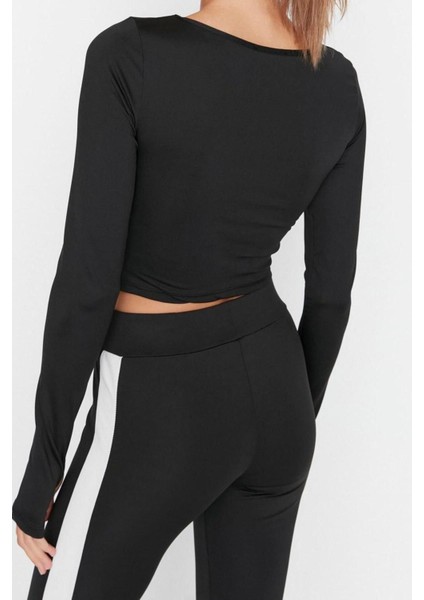 Moda Bisiklet Yaka Örme Fit Düz Desen Sportswear Crop Uzun Kol Bluz modelleri
