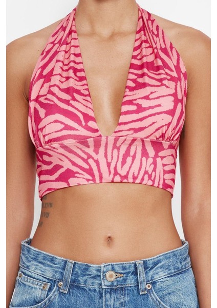 Moda Boyundan Bağlamalı Örme Slim Soyut Desen Casual Günlük Super Crop Kolsuz Bluz