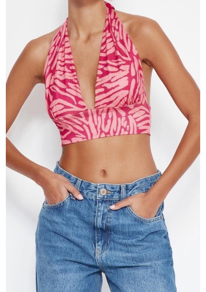 Moda Boyundan Bağlamalı Örme Slim Soyut Desen Casual Günlük Super Crop Kolsuz Bluz fiyatları