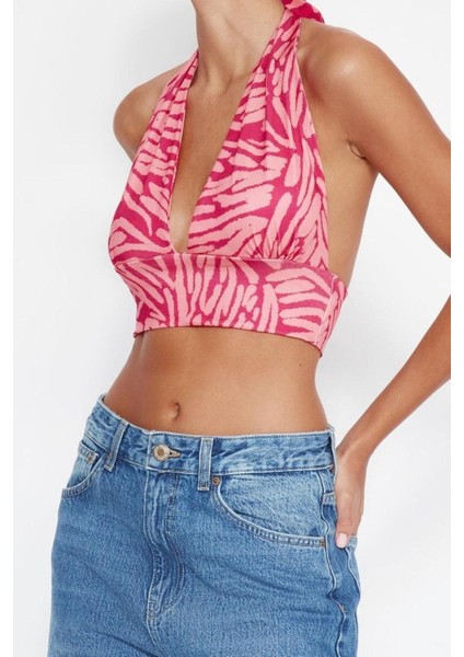 Moda Boyundan Bağlamalı Örme Slim Soyut Desen Casual Günlük Super Crop Kolsuz Bluz modelleri
