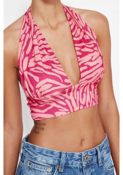 Moda Boyundan Bağlamalı Örme Slim Soyut Desen Casual Günlük Super Crop Kolsuz Bluz fırsatları