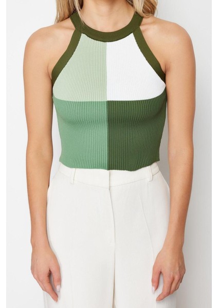 Moda Halter Yaka Triko Slim Renk Bloklu Desen Casual Günlük Crop Kolsuz Bluz