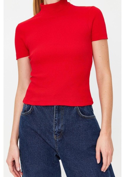 Moda Dik Yaka Örme Slim Düz Desen Casual Günlük Crop Kısa Kol Bluz