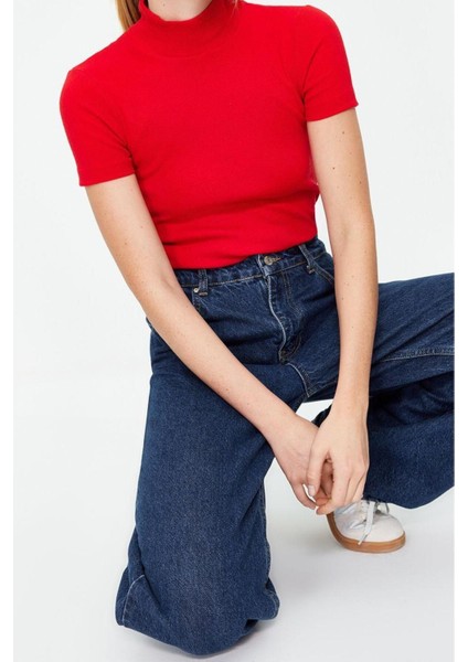Moda Dik Yaka Örme Slim Düz Desen Casual Günlük Crop Kısa Kol Bluz