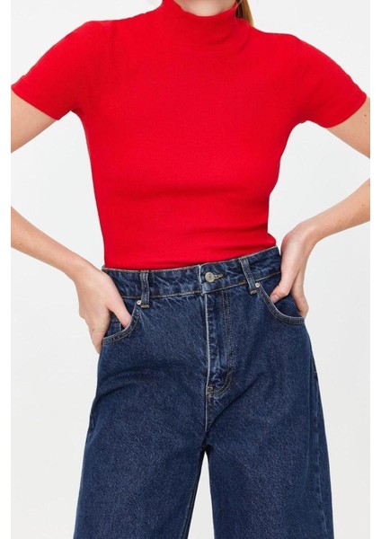 Moda Dik Yaka Örme Slim Düz Desen Casual Günlük Crop Kısa Kol Bluz