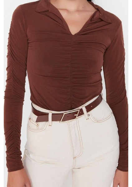 Moda Polo Yaka Örme Slim Düz Desen Casual Günlük Regular Uzun Kol Bluz