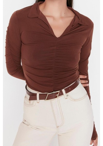 Moda Polo Yaka Örme Slim Düz Desen Casual Günlük Regular Uzun Kol Bluz modelleri