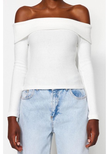 Moda Carmen Yaka Örme Slim Fit Düz Desen Casual Günlük Regular Uzun Kol Bluz