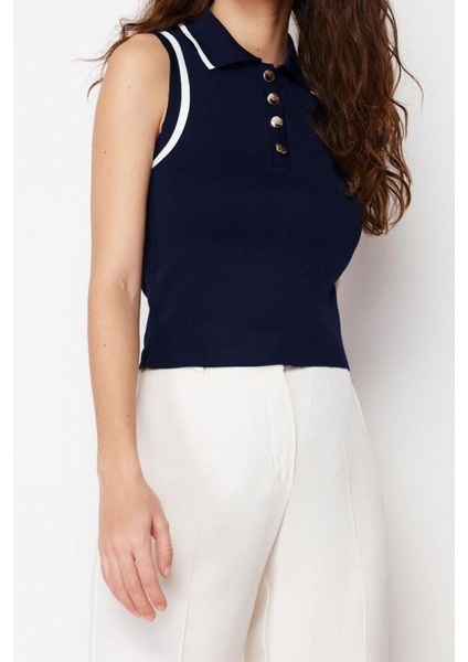 Moda Polo Yaka Triko Regular Renk Bloklu Desen Casual Günlük Regular Kolsuz Bluz fırsatları