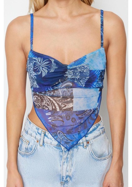 Moda Degaje Yaka Örme Slim Geometrik Desen Casual Günlük Crop Askılı Kol Bluz