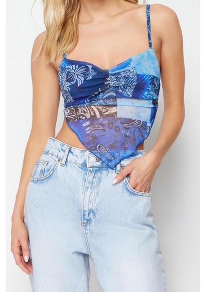 Moda Degaje Yaka Örme Slim Geometrik Desen Casual Günlük Crop Askılı Kol Bluz fiyatları