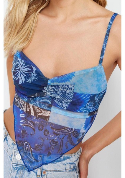 Moda Degaje Yaka Örme Slim Geometrik Desen Casual Günlük Crop Askılı Kol Bluz fırsatları