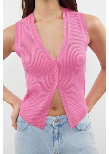 Moda V Yaka Triko Slim Düz Desen Casual Günlük Crop Kolsuz Bluz