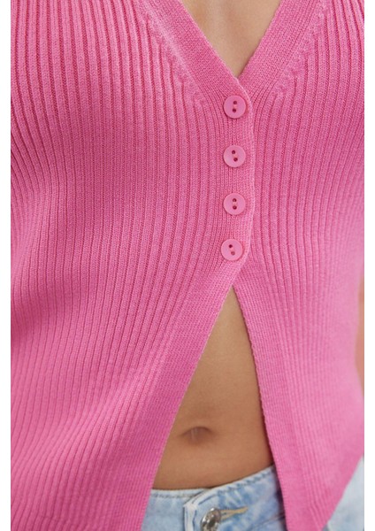 Moda V Yaka Triko Slim Düz Desen Casual Günlük Crop Kolsuz Bluz fırsatları