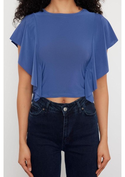 Moda Bisiklet Yaka Örme Slim Düz Desen Casual Günlük Crop Kısa Kol Bluz