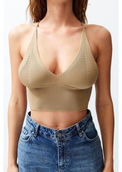Moda V Yaka Triko Slim Düz Desen Casual Günlük Super Crop Askılı Kol Bluz