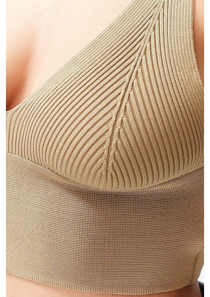 Moda V Yaka Triko Slim Düz Desen Casual Günlük Super Crop Askılı Kol Bluz fırsatları