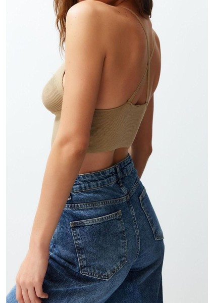 Moda V Yaka Triko Slim Düz Desen Casual Günlük Super Crop Askılı Kol Bluz indirimleri