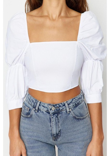Moda Kare Yaka Dokuma Fit Düz Desen Casual Günlük Crop Truvakar Kol Kol Bluz
