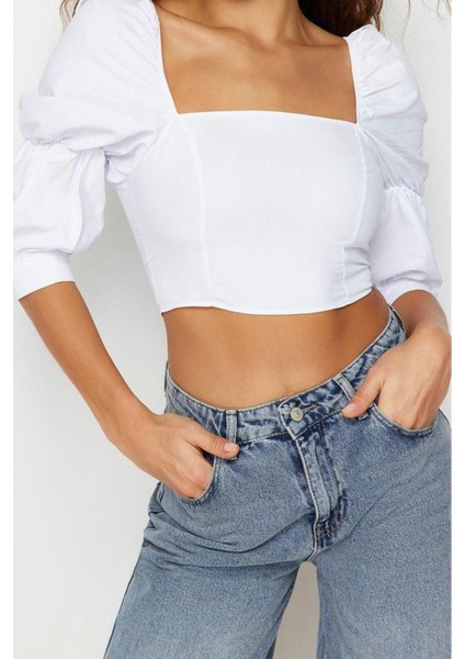 Moda Kare Yaka Dokuma Fit Düz Desen Casual Günlük Crop Truvakar Kol Kol Bluz modelleri