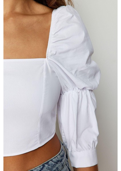 Moda Kare Yaka Dokuma Fit Düz Desen Casual Günlük Crop Truvakar Kol Kol Bluz indirimleri