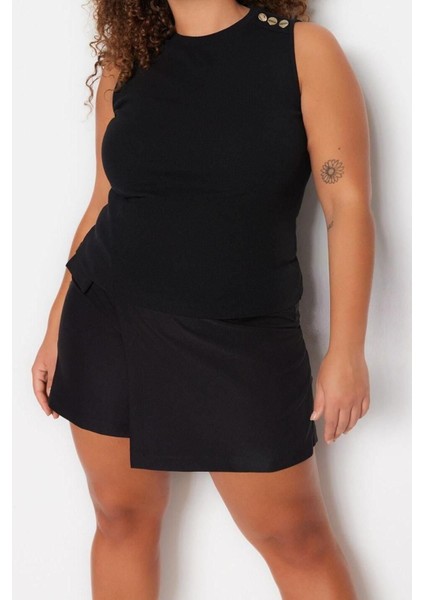 Moda Büyük Beden Bisiklet Yaka Örme Fit Düz Desen Casual Günlük Regular Kolsuz Bluz
