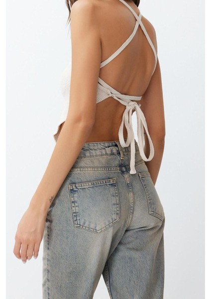 Moda Boyundan Bağlamalı Triko Regular Düz Desen Casual Günlük Super Crop Kolsuz Bluz indirimleri