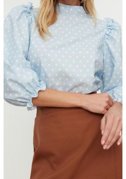 Moda Dik Yaka Dokuma Regular Puantiyeli Desen Casual Günlük Regular Truvakar Kol Kol Bluz
