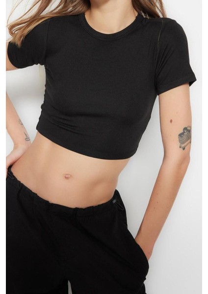 Moda Bisiklet Yaka Örme Slim Çizgili Desen Casual Günlük Crop Kısa Kol Bluz