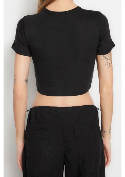 Moda Bisiklet Yaka Örme Slim Çizgili Desen Casual Günlük Crop Kısa Kol Bluz
