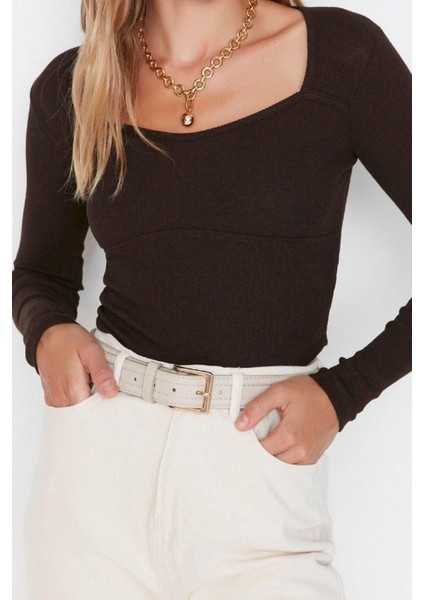 Moda Kare Yaka Örme Slim Fit Düz Desen Casual Günlük Crop Uzun Kol Bluz