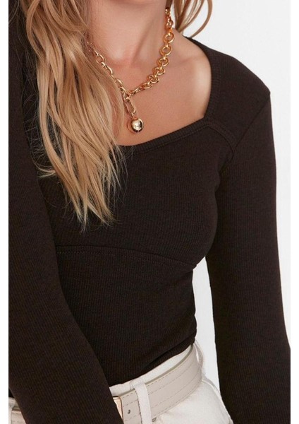 Moda Kare Yaka Örme Slim Fit Düz Desen Casual Günlük Crop Uzun Kol Bluz modelleri