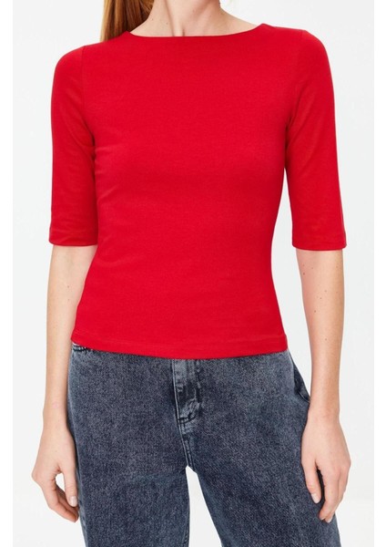 Moda Kayık Yaka Örme Slim Düz Desen Casual Günlük Regular Truvakar Kol Kol Bluz