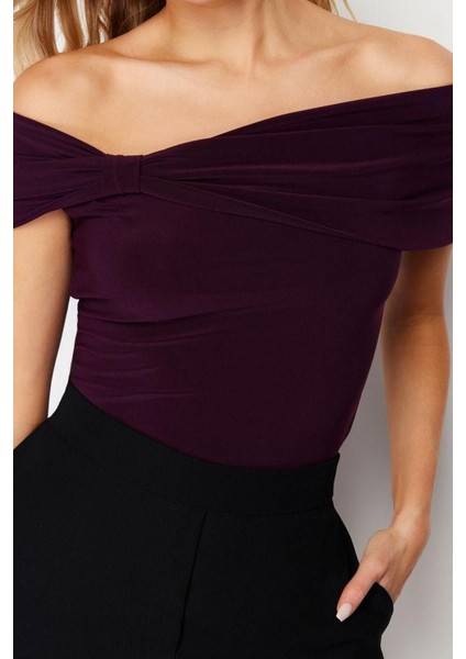 Moda Carmen Yaka Örme Slim Düz Desen Casual Günlük Regular Kısa Kol Bluz modelleri