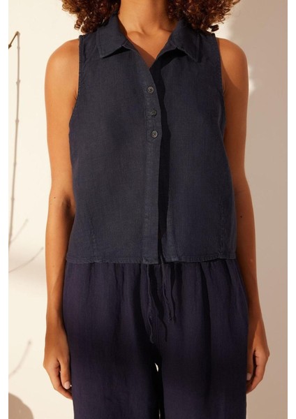 Moda Dik Yaka Denim Fit Düz Desen Casual Günlük Regular Kısa Kol Bluz