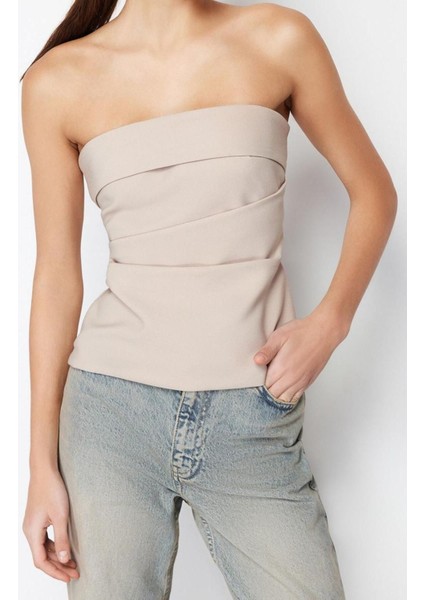 Moda Straplez Dokuma Slim Düz Desen Şık Gece Regular Kolsuz Bluz