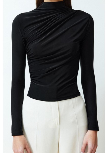 Moda Kare Yaka Örme Slim Düz Desen Casual Günlük Crop Kısa Kol Bluz