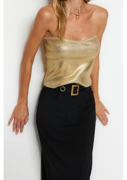 Moda Kare Yaka Triko Slim Varaklı Desen Şık Gece Crop Kolsuz Bluz fiyatları
