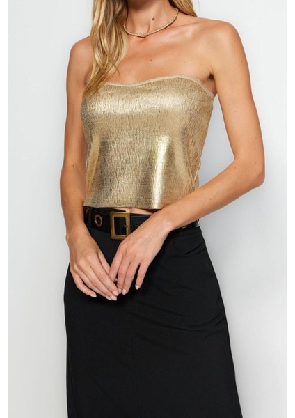 Moda Kare Yaka Triko Slim Varaklı Desen Şık Gece Crop Kolsuz Bluz fırsatları