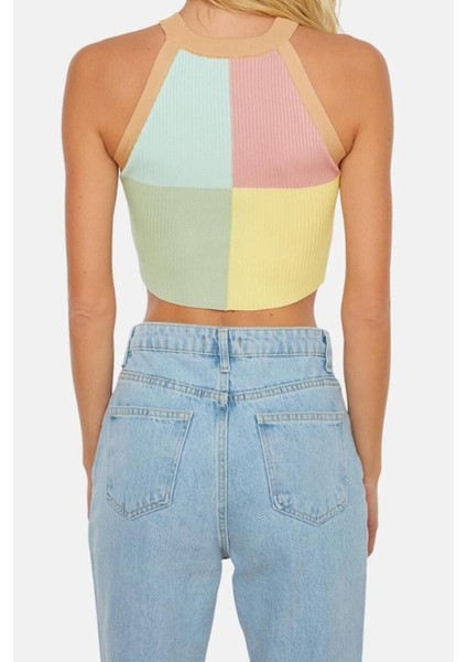 Moda Halter Yaka Triko Slim Renk Bloklu Desen Casual Günlük Crop Kolsuz Bluz indirimleri