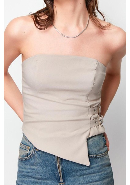 Moda Straplez Dokuma Fit Düz Desen Şık Gece Regular Kolsuz Bluz modelleri